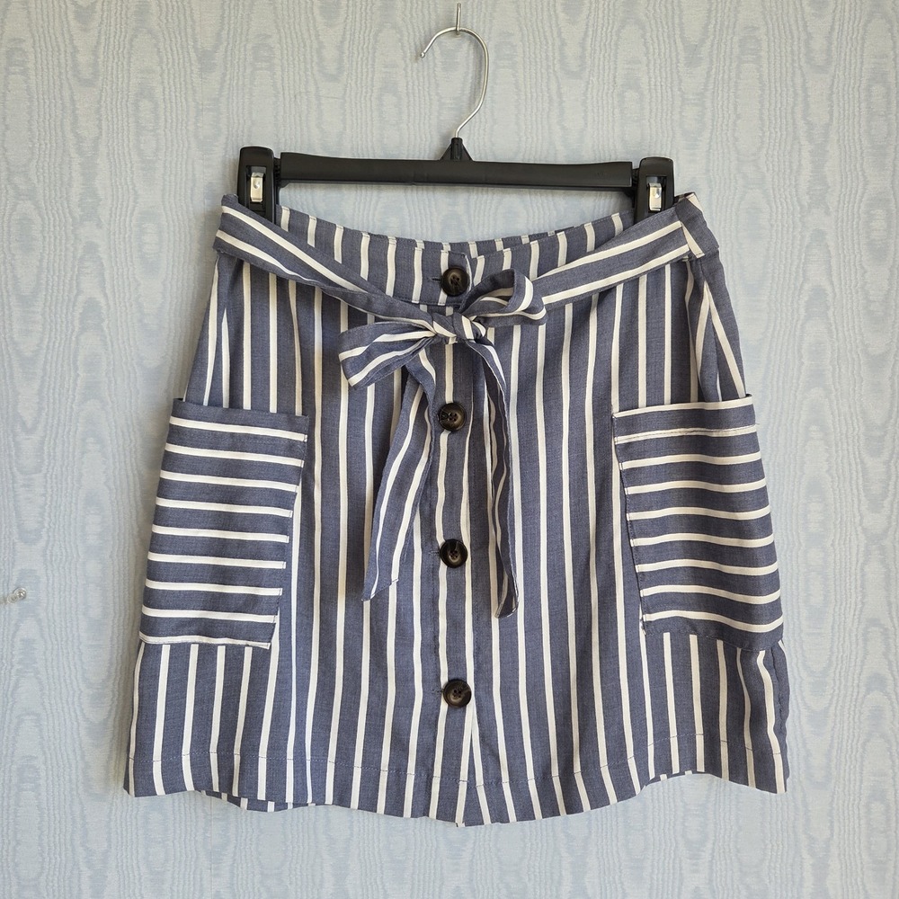 Altar'd State Small Mini Skirt Button Down Tie Front Blue Striped Nautical